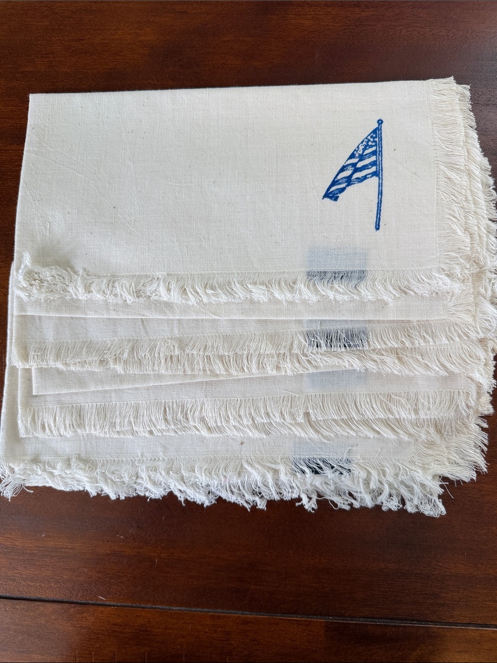 Vintage Ralph Lauren ivory and navy American flag fringed napkins - 4 total